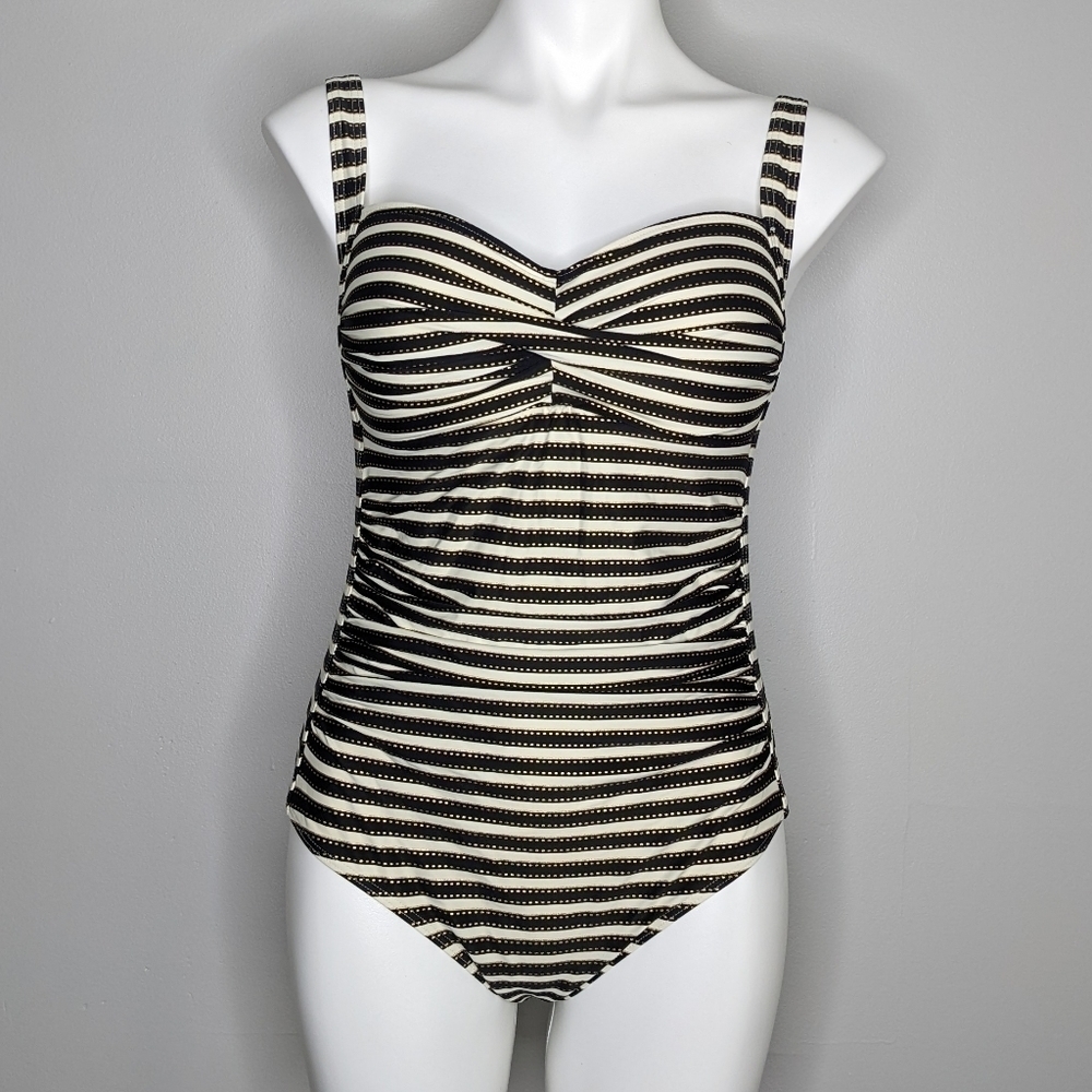 NipTuck Swim cream black gold striped one piece swimsuit 10